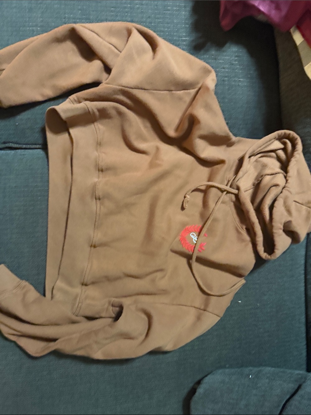 PINK Victoria's Secret Tan Cropped Hoodie with Red Embroidery